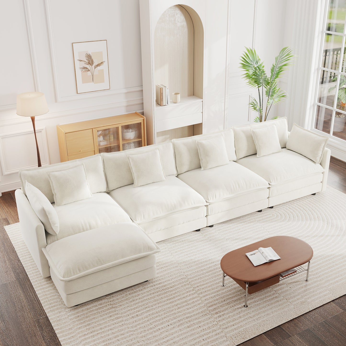 Modular Sectional Sofa for Living Room,U Shaped Couch 4 Seater Convertible Sectional Couch with 1 Ottoman ,White Chenille