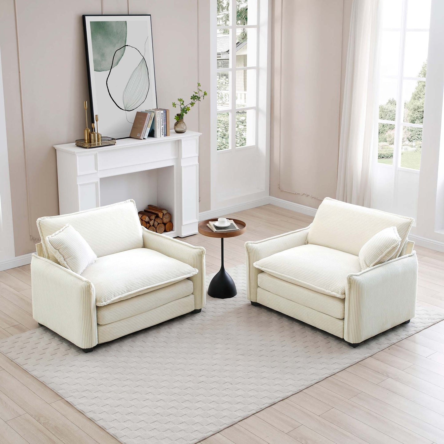 Beige Corduroy,Luxurious and Sophisticated Deep Seated Sofa Set with Two Single Deep Seat Sofa Suitable for Living Room and Office