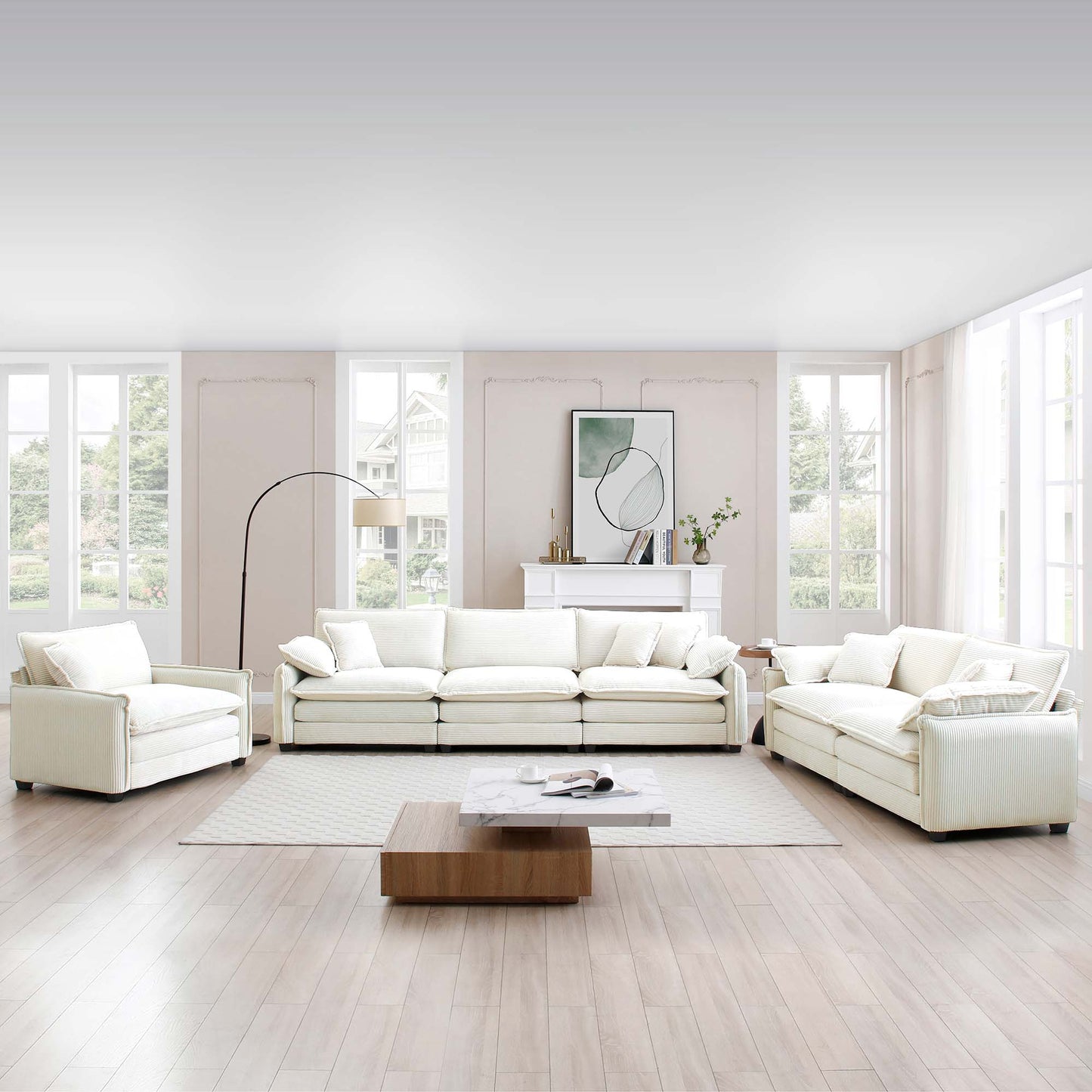 3 Piece Comfortable Oversized Sectional Sofa, One Single Sofa and One 2-Seater Sofa and One 3-Seater Sofa , Beige Corduroy Deep Seat Sofa