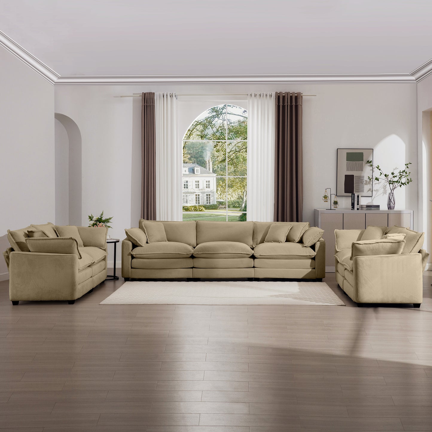 Modern Fabric Living Room Sofa 2-Piece Set, One 2-Seater Sofas, One 3-Seater Sofas Sofa with 8 Cushion Upholstery Large Deep Seat Recliner, Tan Corduroy Fabric
