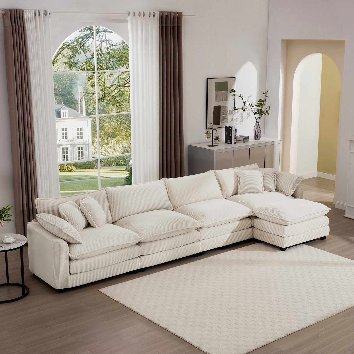 Modern Upholstered L Shape Modular Sectional Sofa, 4 Seater Sofa with with 1 Ottoman, Comfortable Corduroy Fabric Couch Sofa, Light Beige Corduroy Fabirc