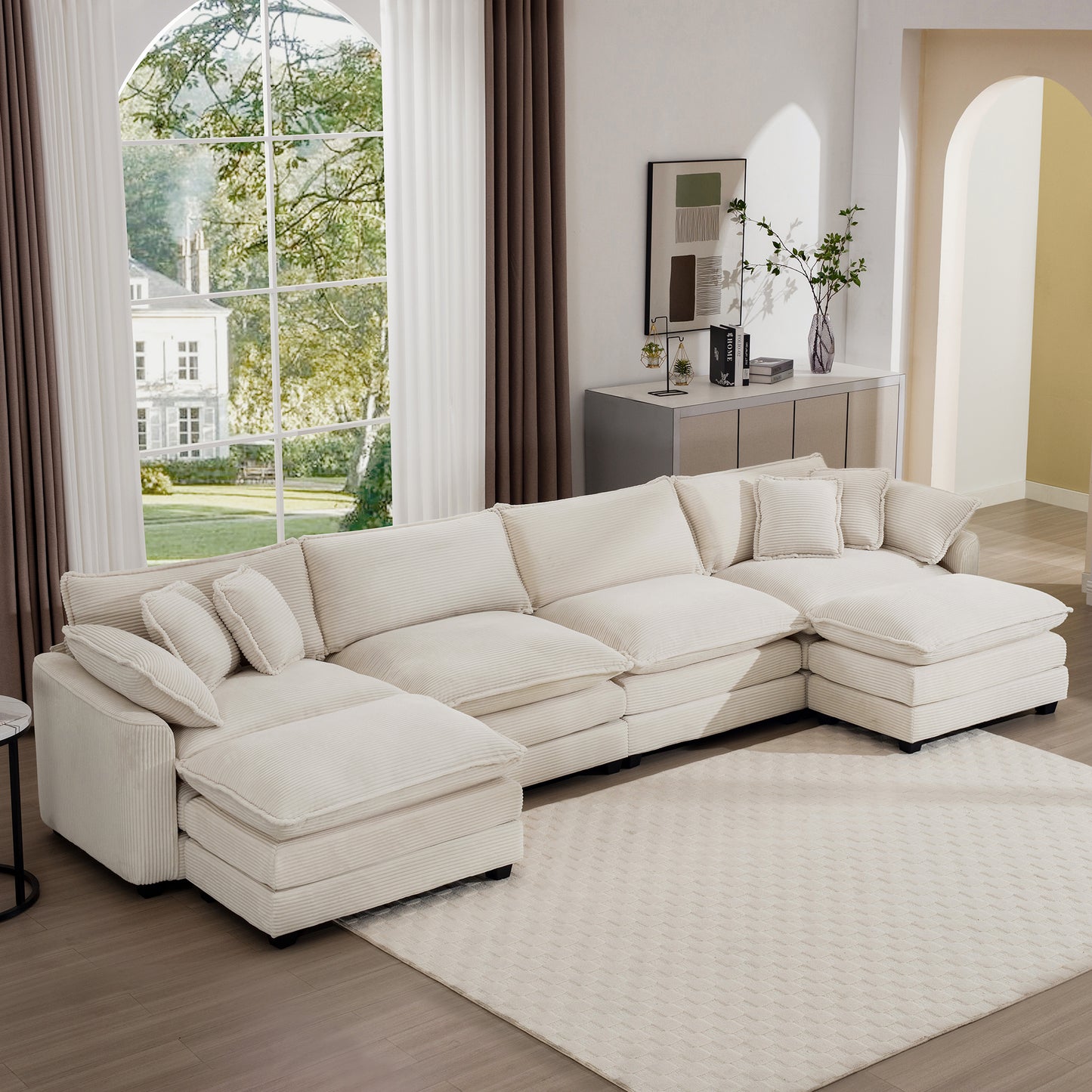 Cloud - like Comfy Soft Upholstered 4 Seater Modular Sofas with 2 Ottomans, 4-Seat U Shape Corduroy Fabric Sofa,Light Beige Corduroy Fabirc