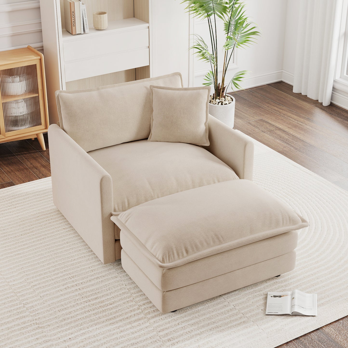 Modern Accent Chair with Ottoman, Living Room Club Chair Chenille Upholstered Armchair , Reading Chair for Bedroom, Light Coffee Chenille