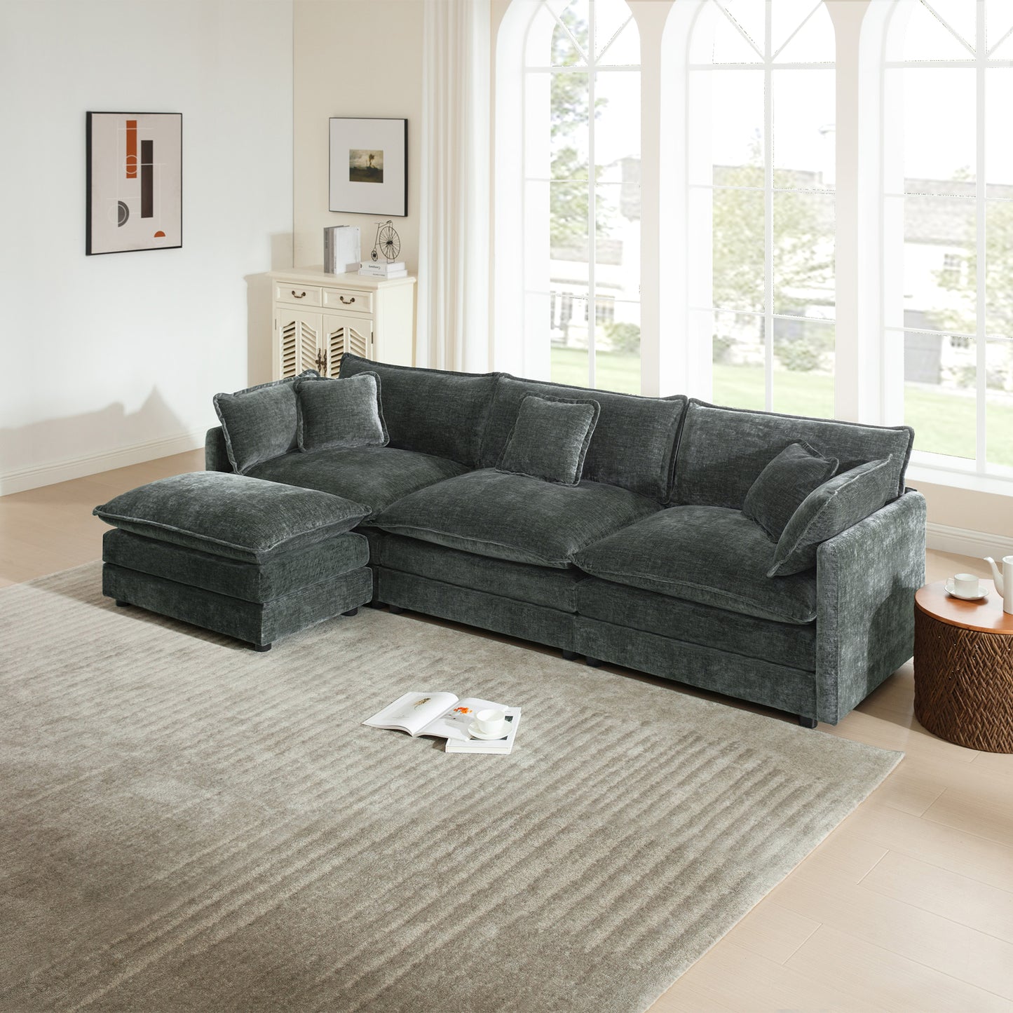 Free Combination Comfy Upholstery Modular Oversized L Shaped Sectional Sofa With Reversible Ottoman, Gray Chenille