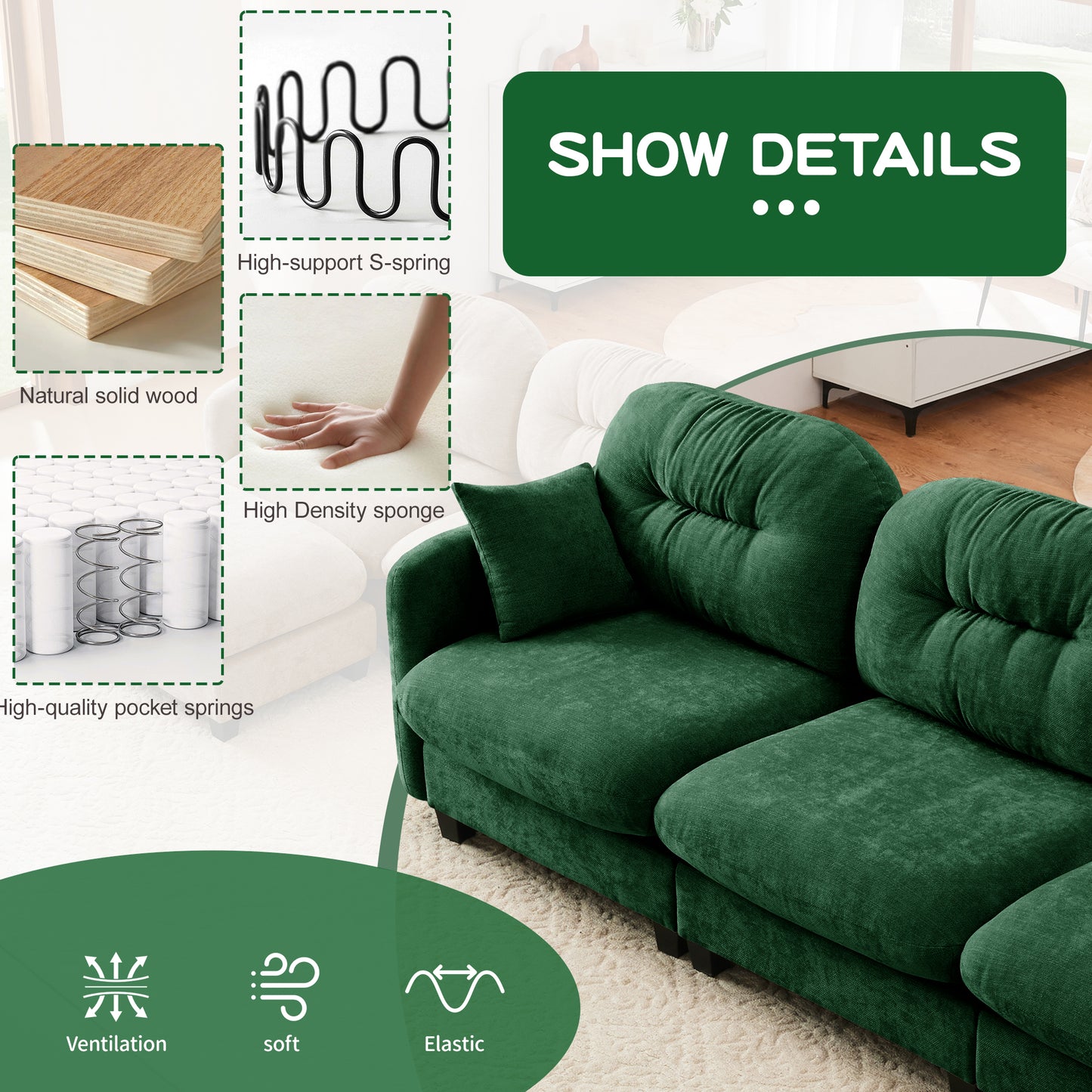 2 Seat Green Chenille Modular Sofa - Ergonomic Sectional