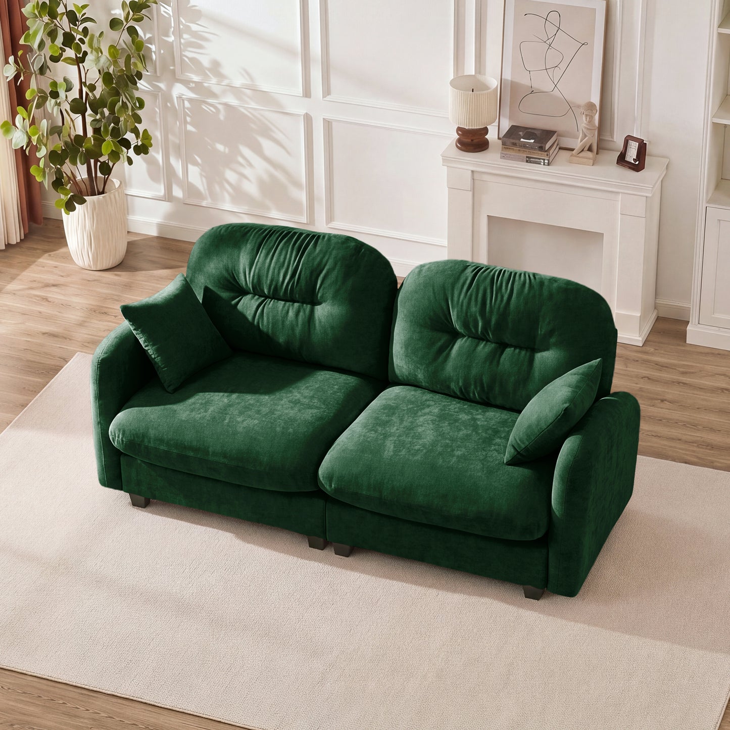 Loveseat Cloud Sectional Couches Chenille Fabric, Quilted Pleated Design,Ergonomic Design,High-Density Foam Easy Install Elegant Armrests High Quality Wooden Base,Fits Living Rooms,Green