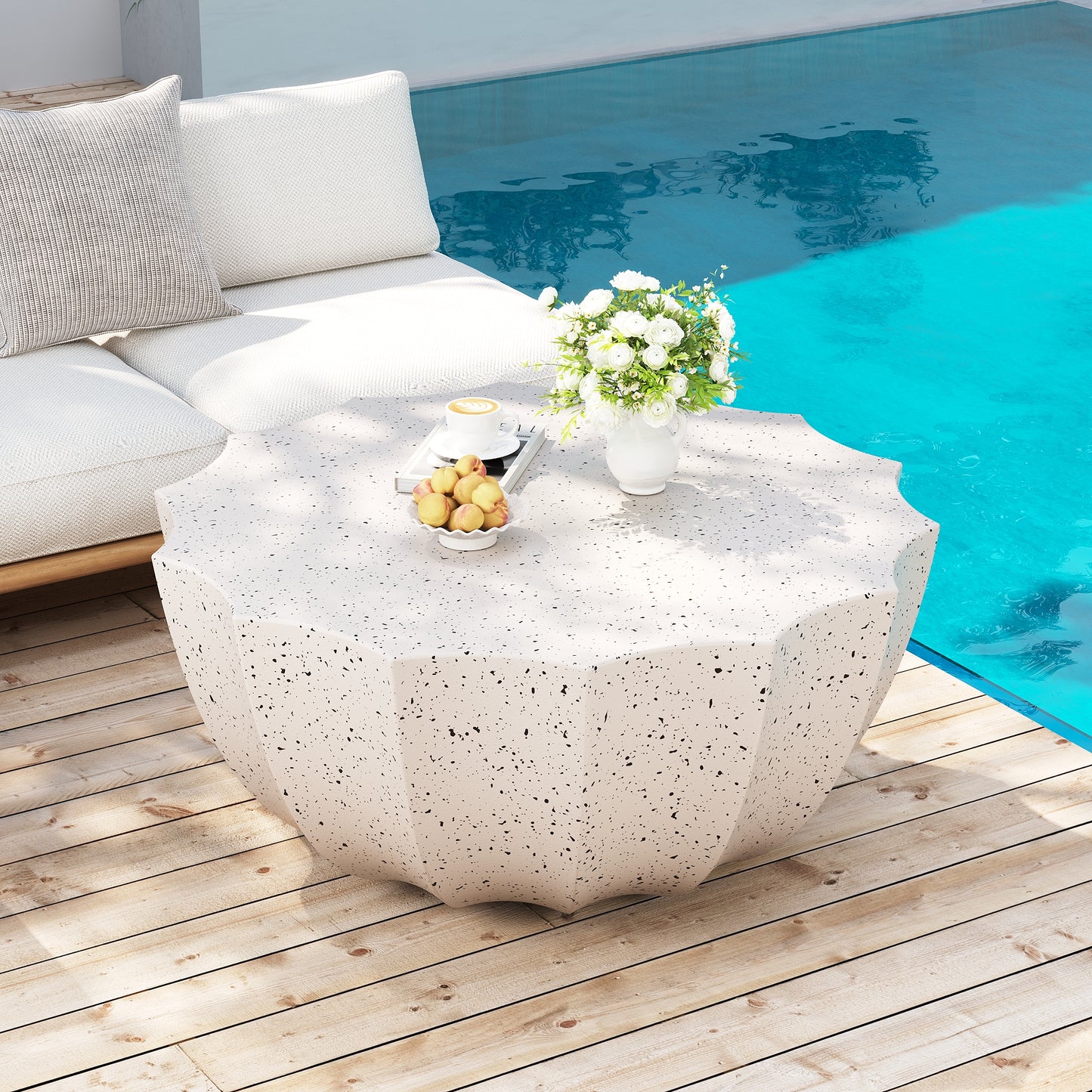 35.43" Modern Outdoor and Indoor Waterproof Coffee Table, Durable MgO Cement Design, Suitable for Terraces, Gardens, Backyards and Living Rooms ( White)