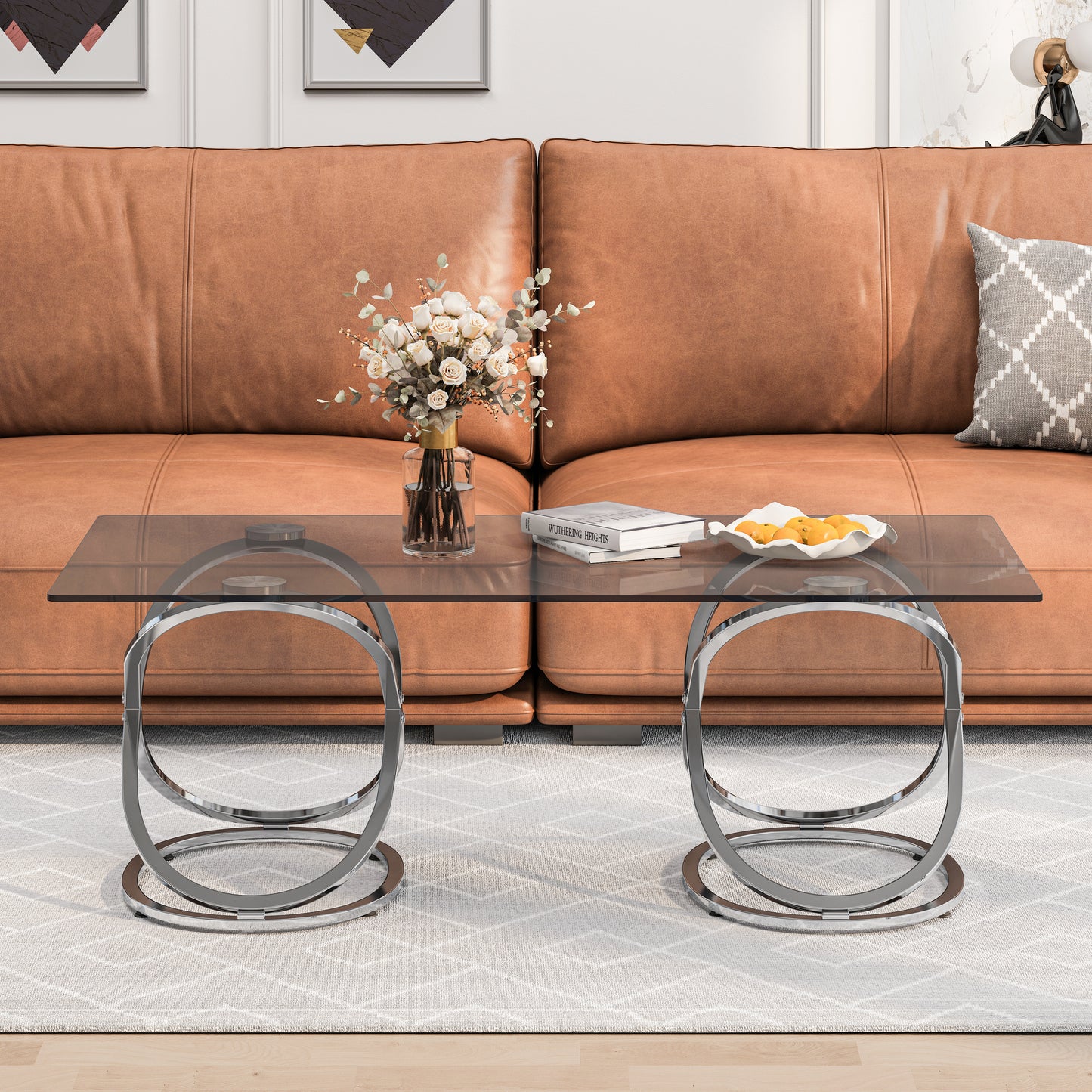 31.50'' Modern Rectangle Glass Coffee Table with Ring-Shaped Frames, Chrome Finish and Gray Tempered Glass, Luxury Center Table for Living Room, Bedroom and Office, Silver