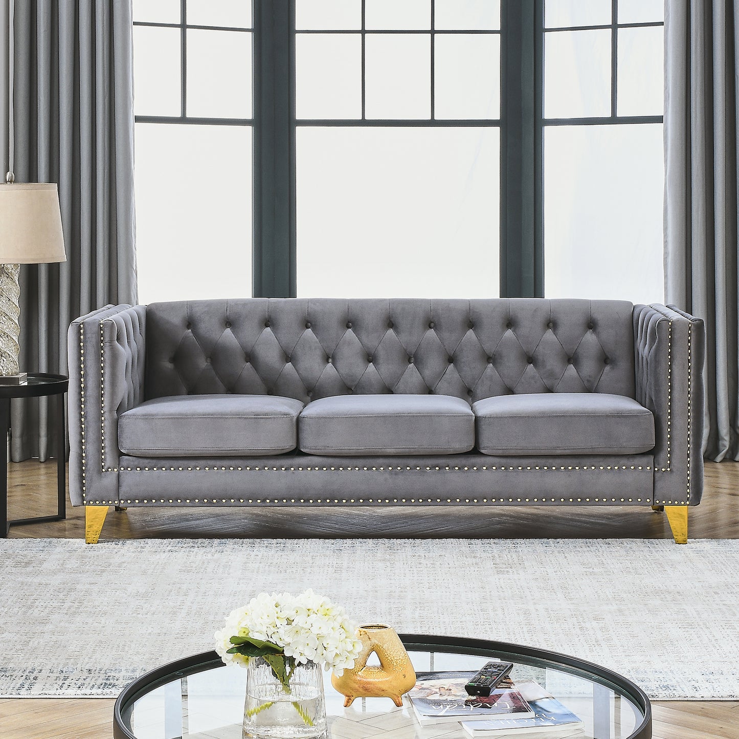 {Contact us for 3D modeling} Velvet Sofa for Living Room,Buttons Tufted Square Arm Couch, Modern Couch Upholstered Button and Metal Legs, Sofa Couch for Bedroom, Grey Velvet(W834S00020)