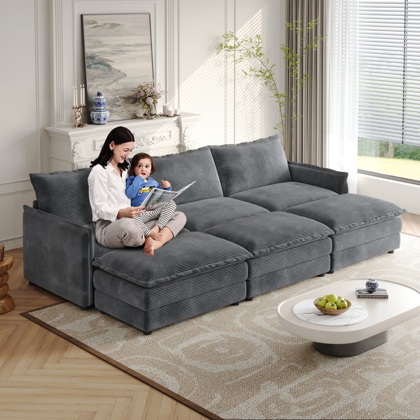 Corduroy fabric 3-seater comfortable cloud sofa with 3 movable footrests for living room, oversized deep-seat recliner, upholstered large-size deep-seat sofa with 3 cushions