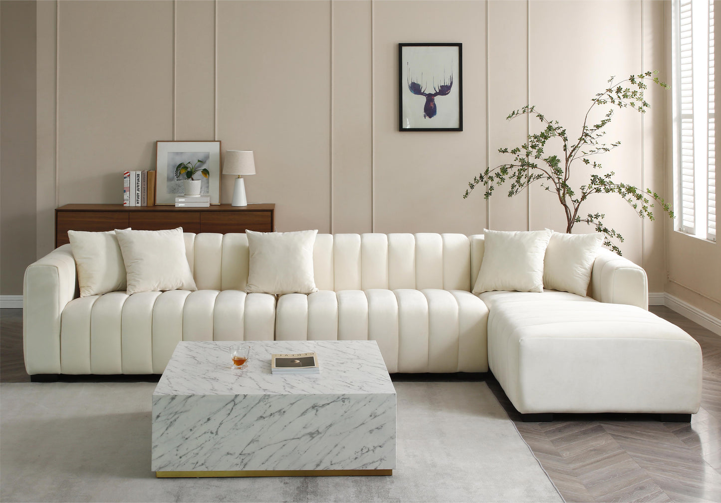 L-Shape Sectional Sofa with Deep Tufted Velvet Upholstered Right Chaise Modular Sofa beige