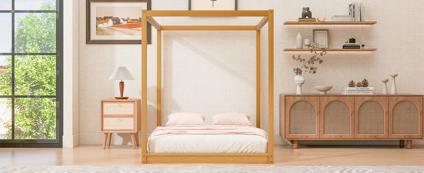 Natural Pine Queen Canopy Bed with Slats for Modern Bedroom