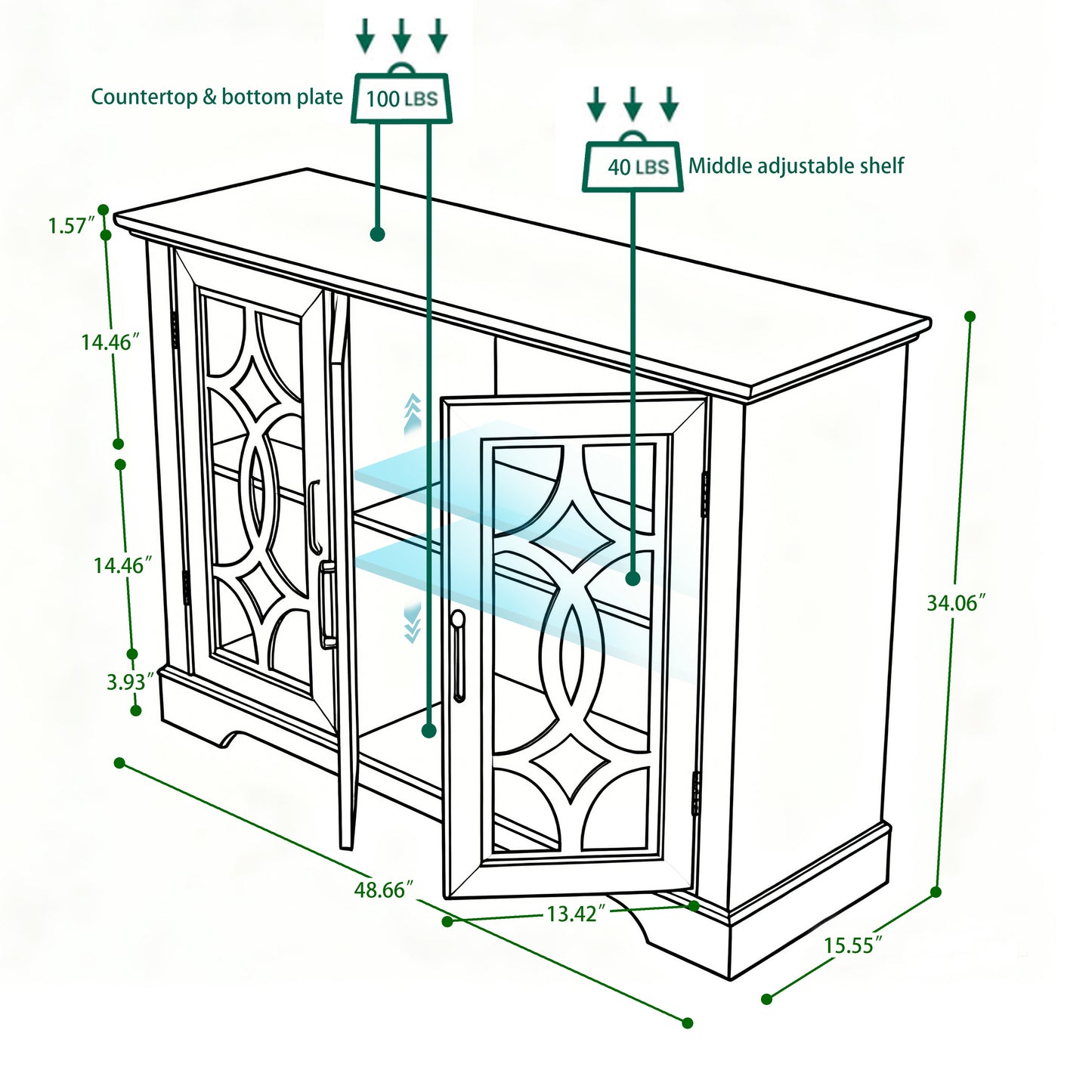 48.66" x 15.55" x 34.06" Spacious size sideboard 3 clear tempered glass doors buffet with adjustable shelf, MDF with dark OAK decorative laminates storage cabinet for dinning room, kitchen,living room