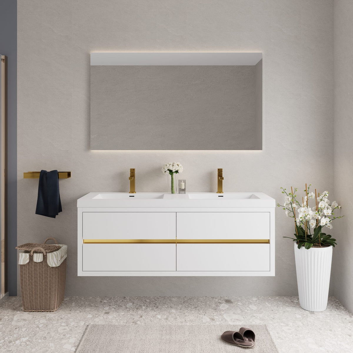 Glossy White Bathroom Vanity - 60" Wall Mounted Storage