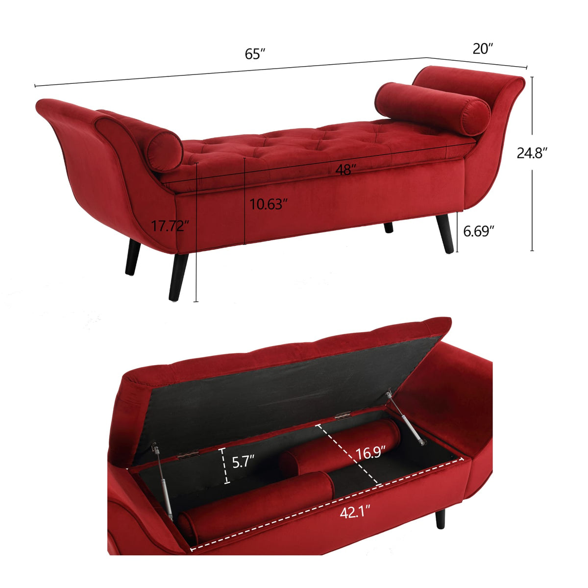 Red Velvet Storage Bench - 65 Inch Retro Hall Tree