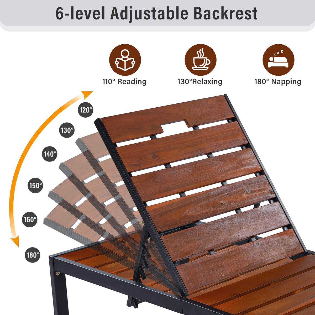 Black+Brown Acacia Wood Patio Chaise Lounge - Outdoor Daybed