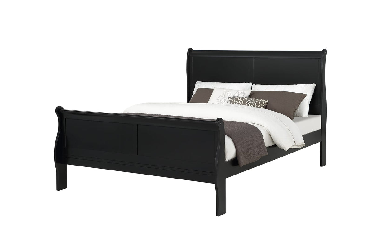 Queen Size Panel Sleigh Bed - Black Solid Wood for Bedroom