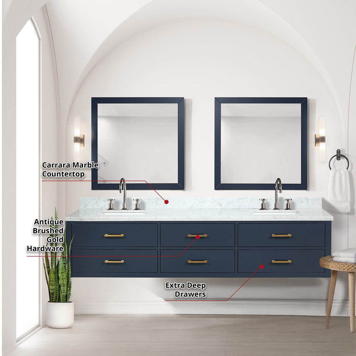 Blue Double Bath Vanity - 84" W with Carrara Marble Top & Mirrors