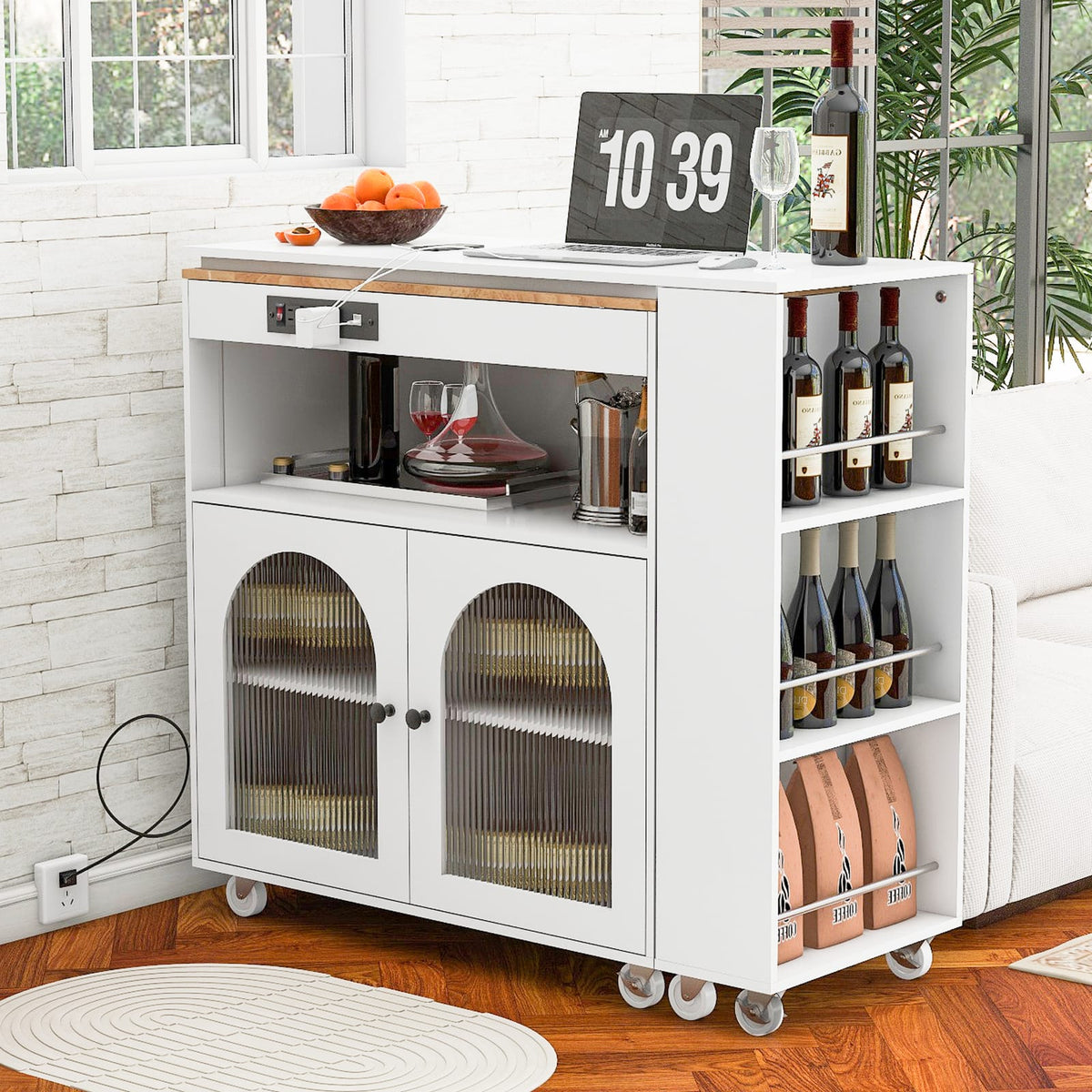 White Rolling Kitchen Island with LED Lights and Storage
