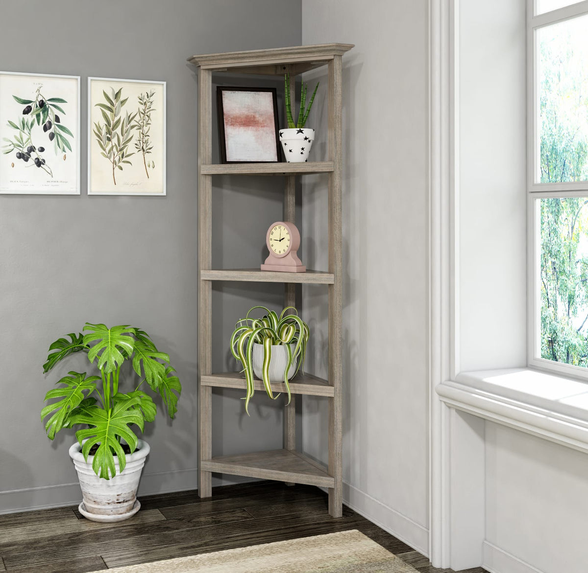 4-Shelf Gray Wash Tall Bookcase - Corner Shelves, Storage Display