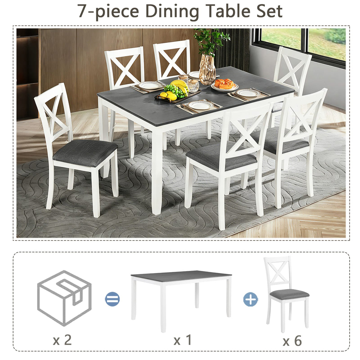 7-Piece Solid Wood Dining Table & Chairs Set - Grey, White Modern Dining Room