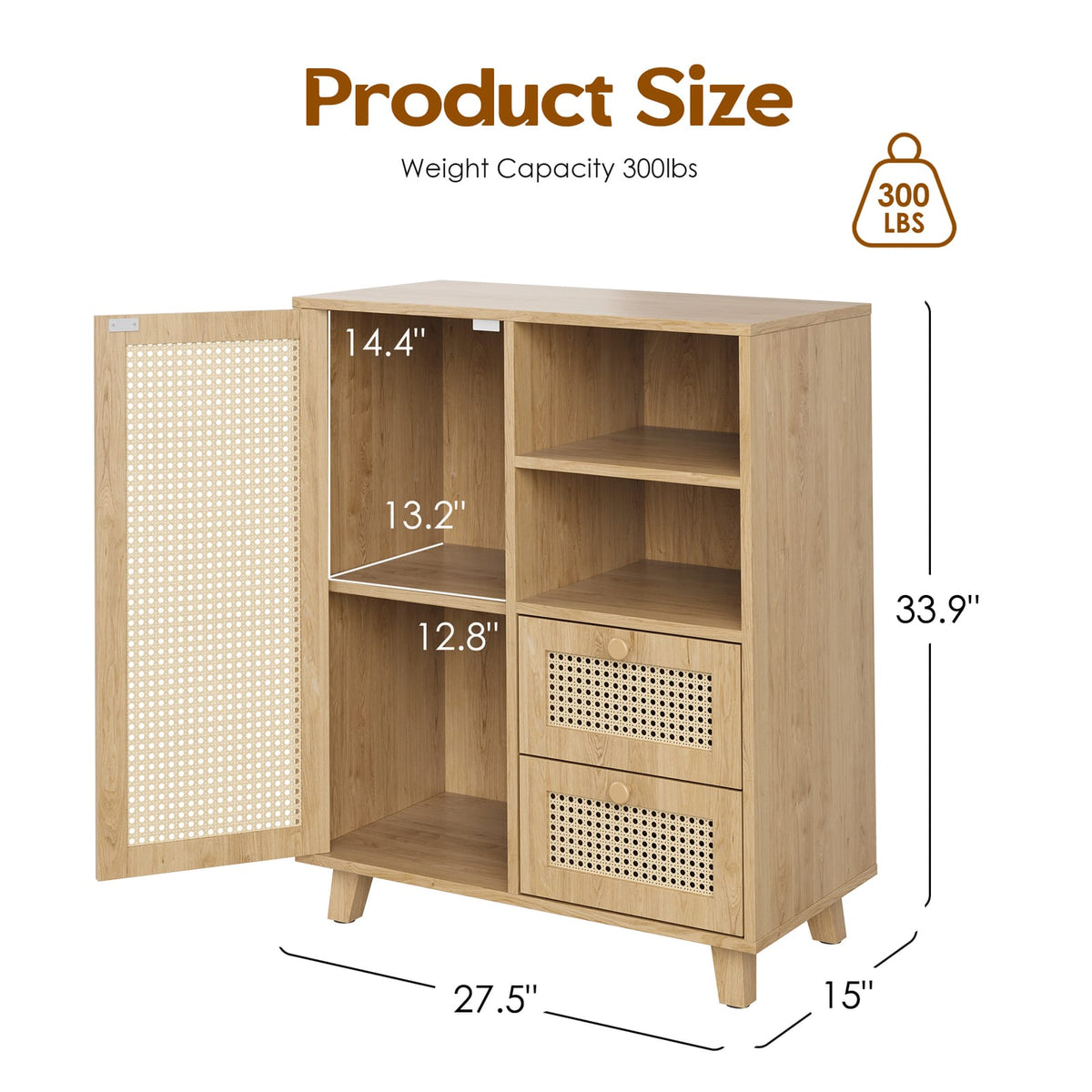 Natural Engineered Wood Buffet Cabinet - 15"W x 27.5"D x 33.8"H