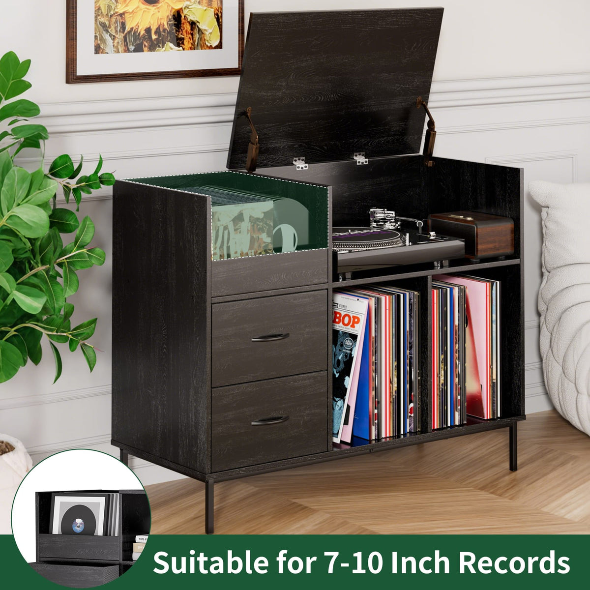 Black MDF Media Console with Storage for Record Player and Cables for Living Room