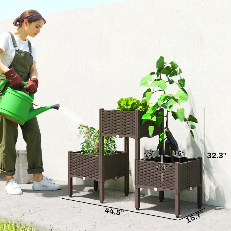 Brown Polypropylene Raised Planter Boxes - 3 Tier Garden Bed