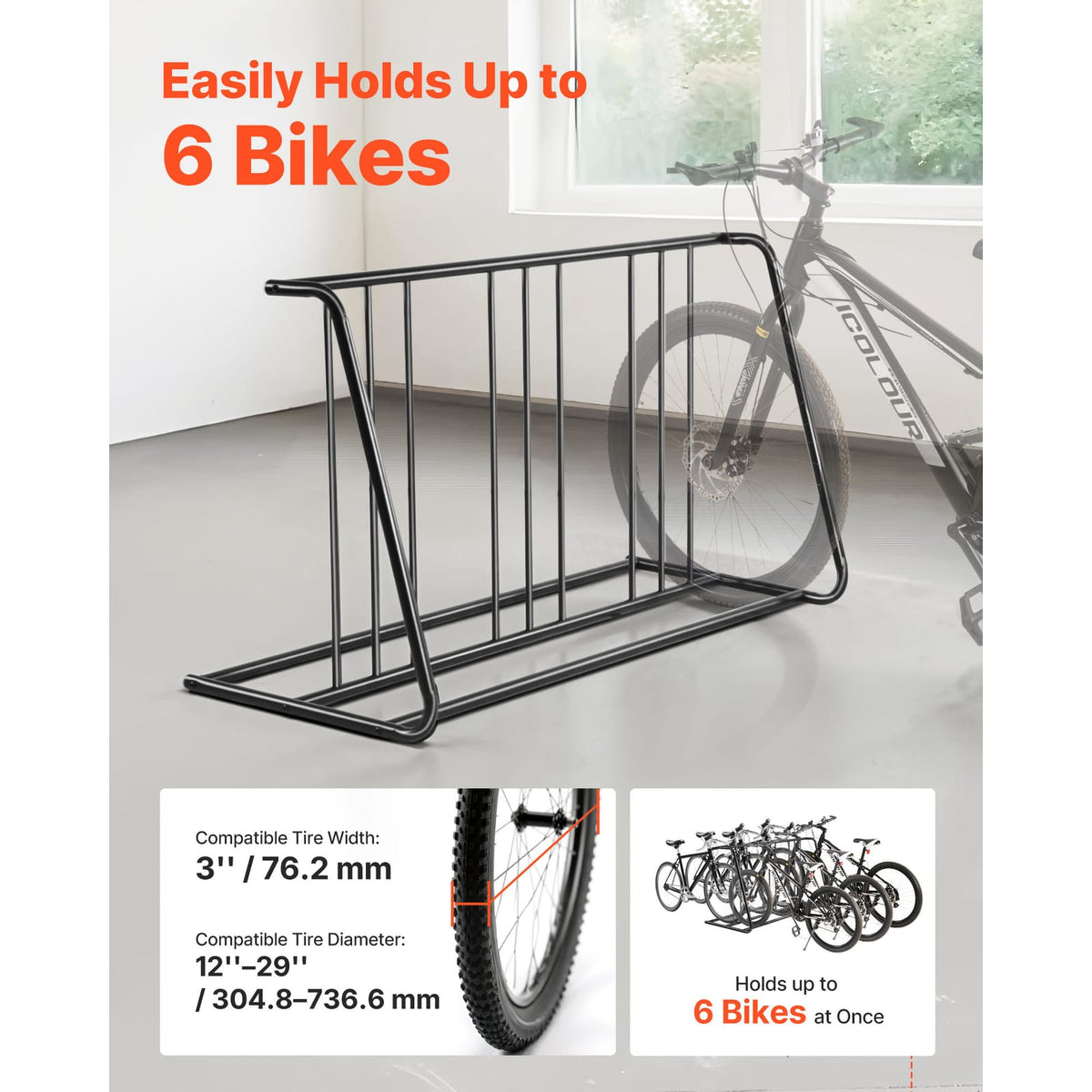 6 Bike Floor Rack - Black Carbon Steel Storage for Living Room