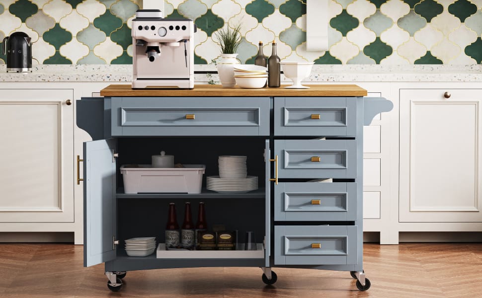 K&K 52" Kitchen Island - Drop Leaf, Blue Grey MDF