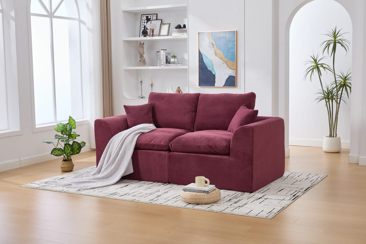 WINE RED Corduroy Modular Loveseat - No Assembly Needed for Living Room