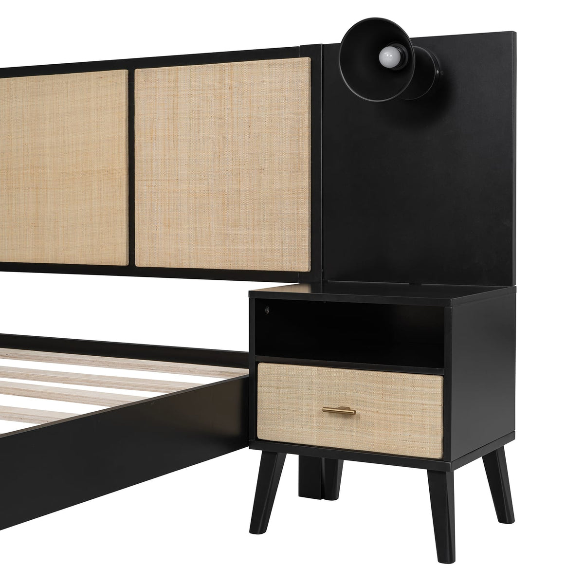 Queen Size Solid Wood Bed Frame - Black with Nightstands & Lamps