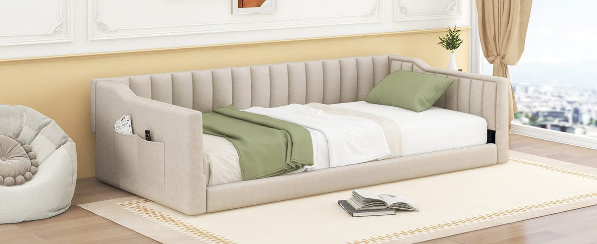 Twin XL Beige Velvet Daybed - Sofa Bed for Bedroom