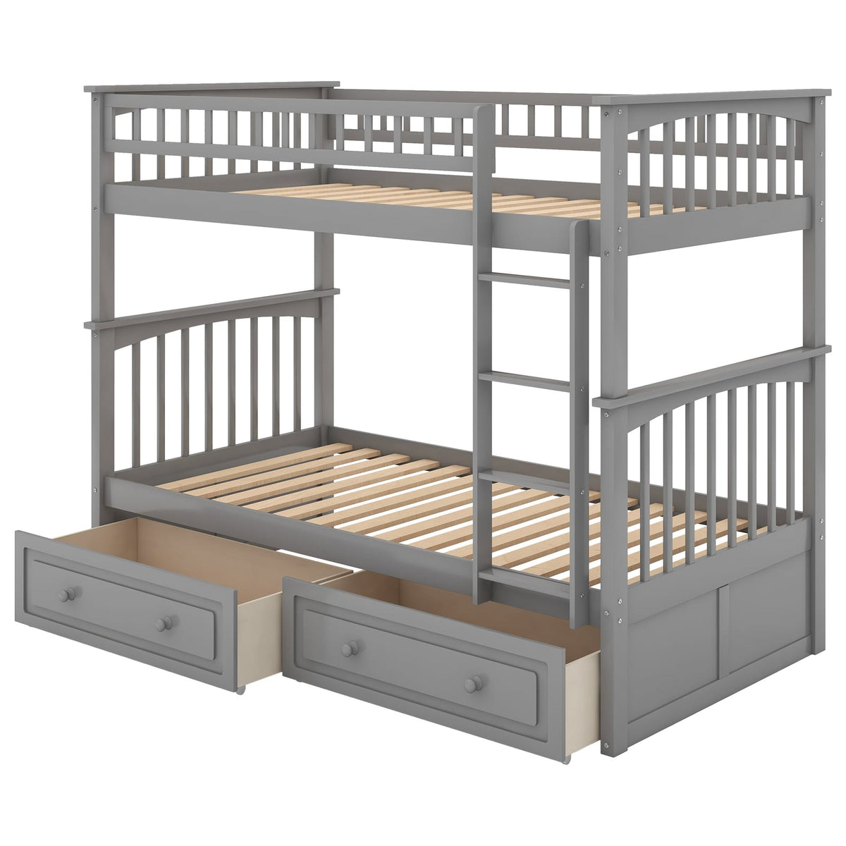 Twin Over Twin Bunk Bed Gray Wood Frame for Bedroom