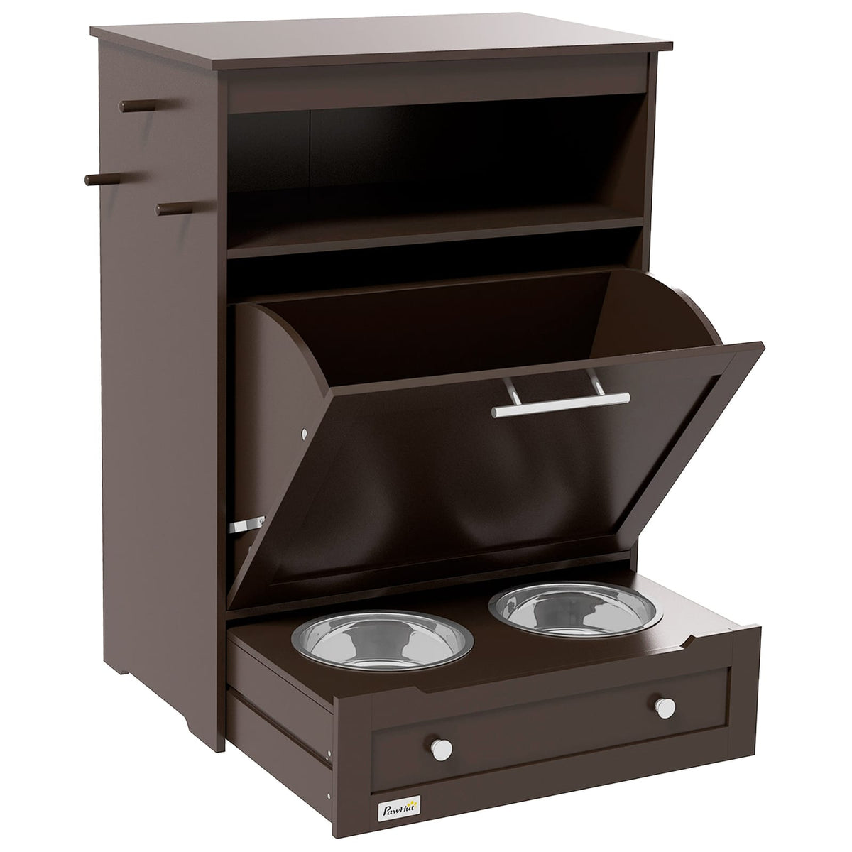 PawHut Pet Feeder Station - Brown Storage Cabinet with Bowls