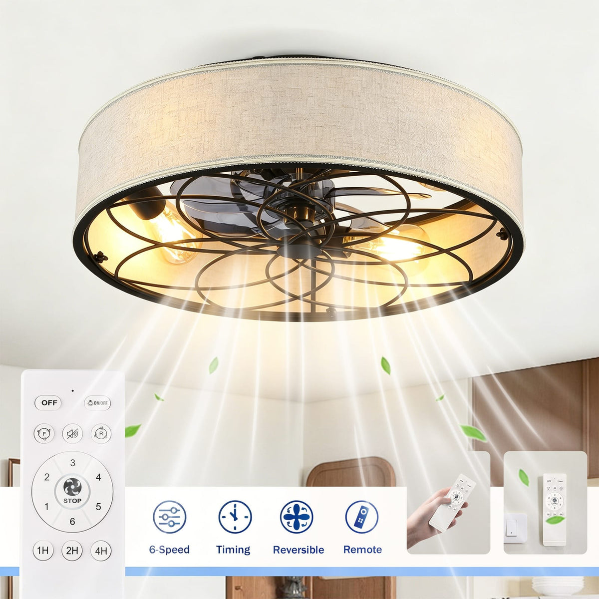 20 Inch Black Farmhouse Ceiling Fan with Lights - Remote Control