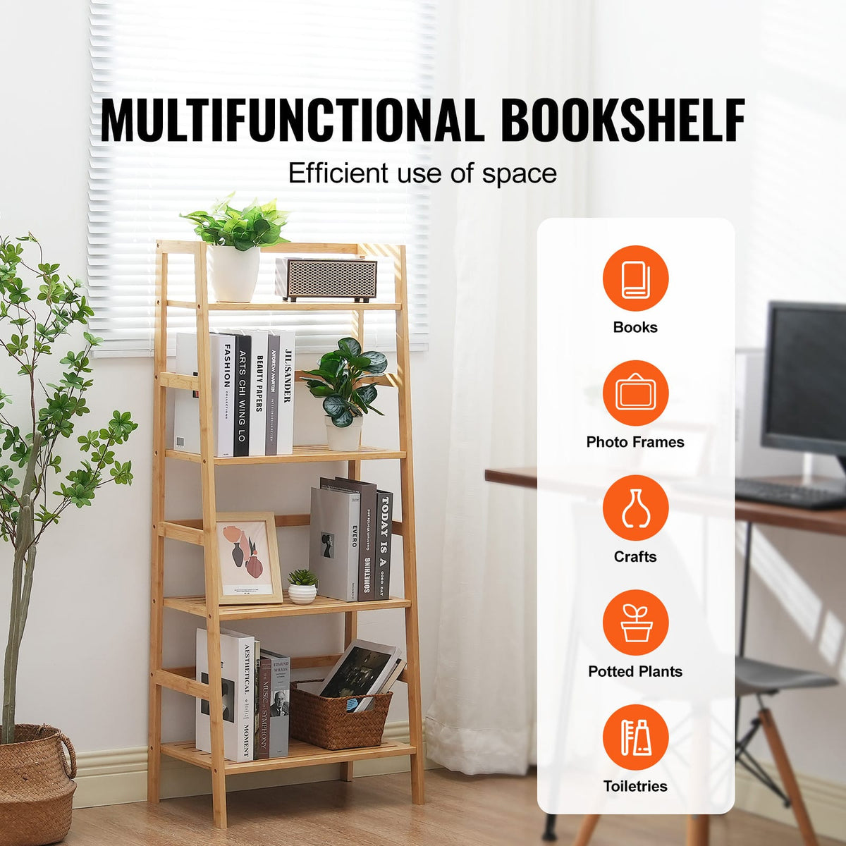 Natural Wood Ladder Shelf - 4 Tier Bamboo Bookshelf