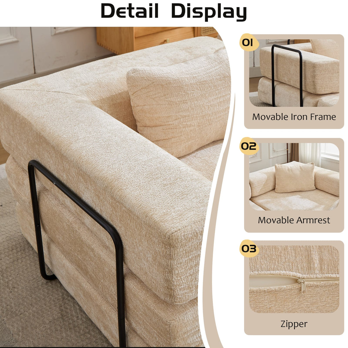 Beige Chenille Convertible Sofa Bed with Memory Foam for Guest Room for Living Room