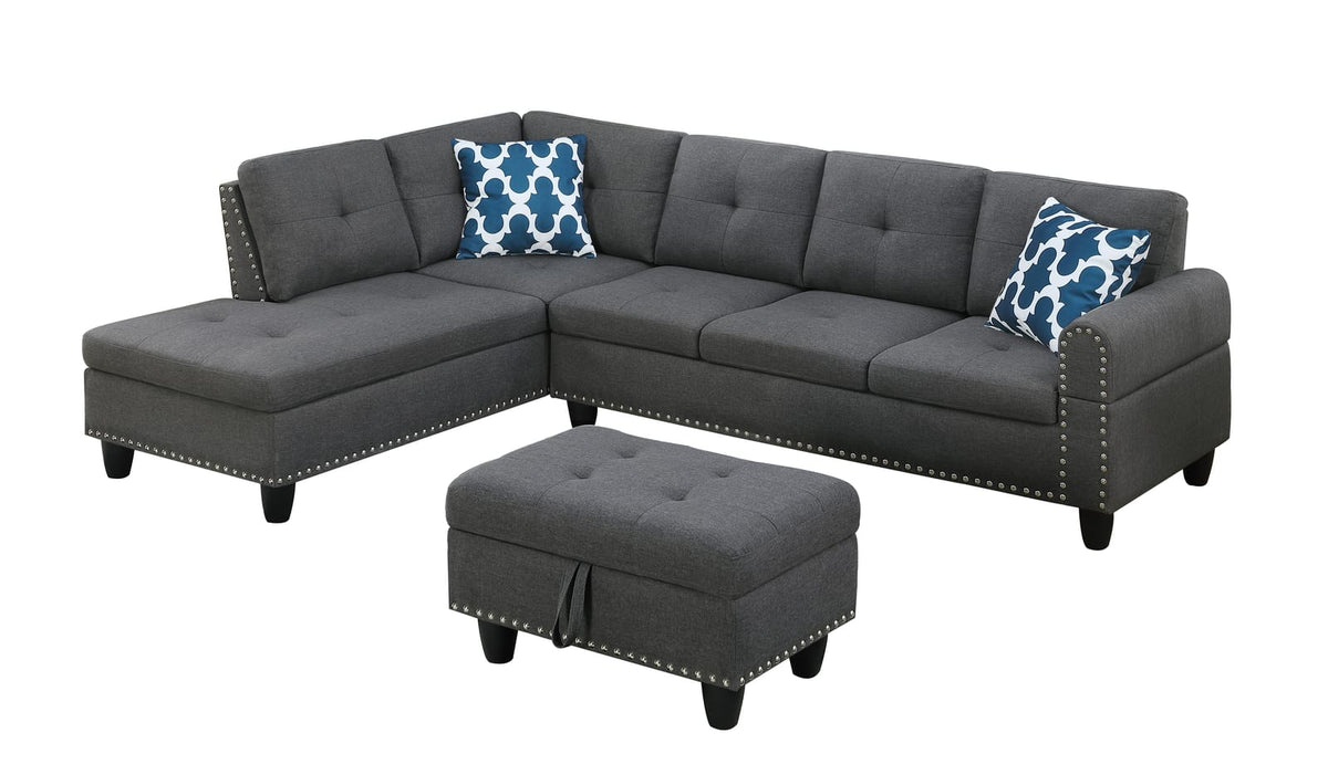 Dark Gray Linen Corner Sofa - 3 Seat with Storage