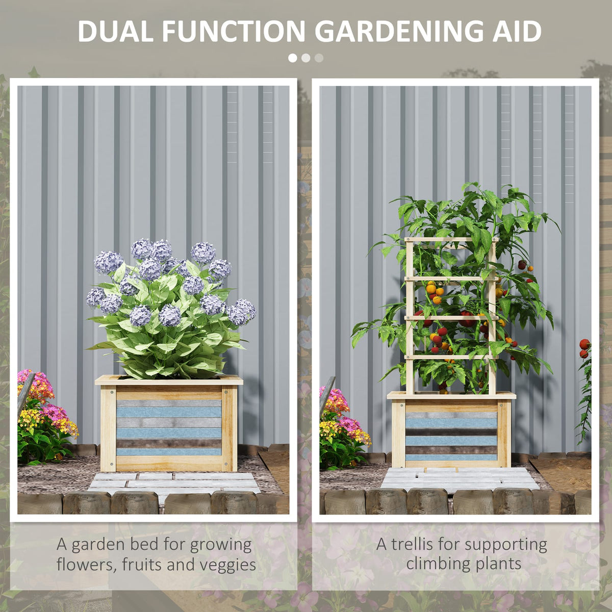 Galvanized Planter Box - Raised Garden Bed with Trellis, Natural Wood