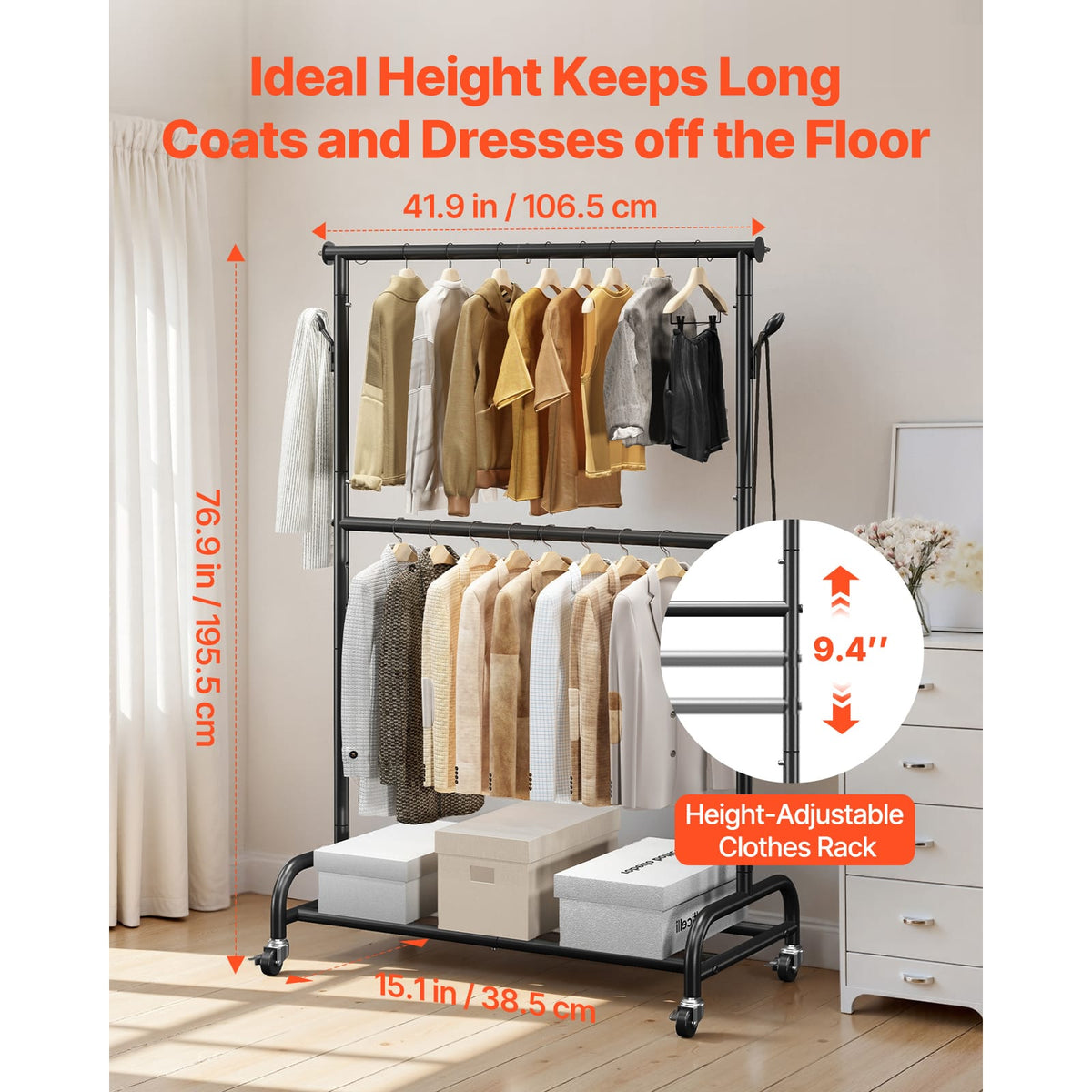 Black Carbon Steel Rolling Coat Rack - 77" Tall