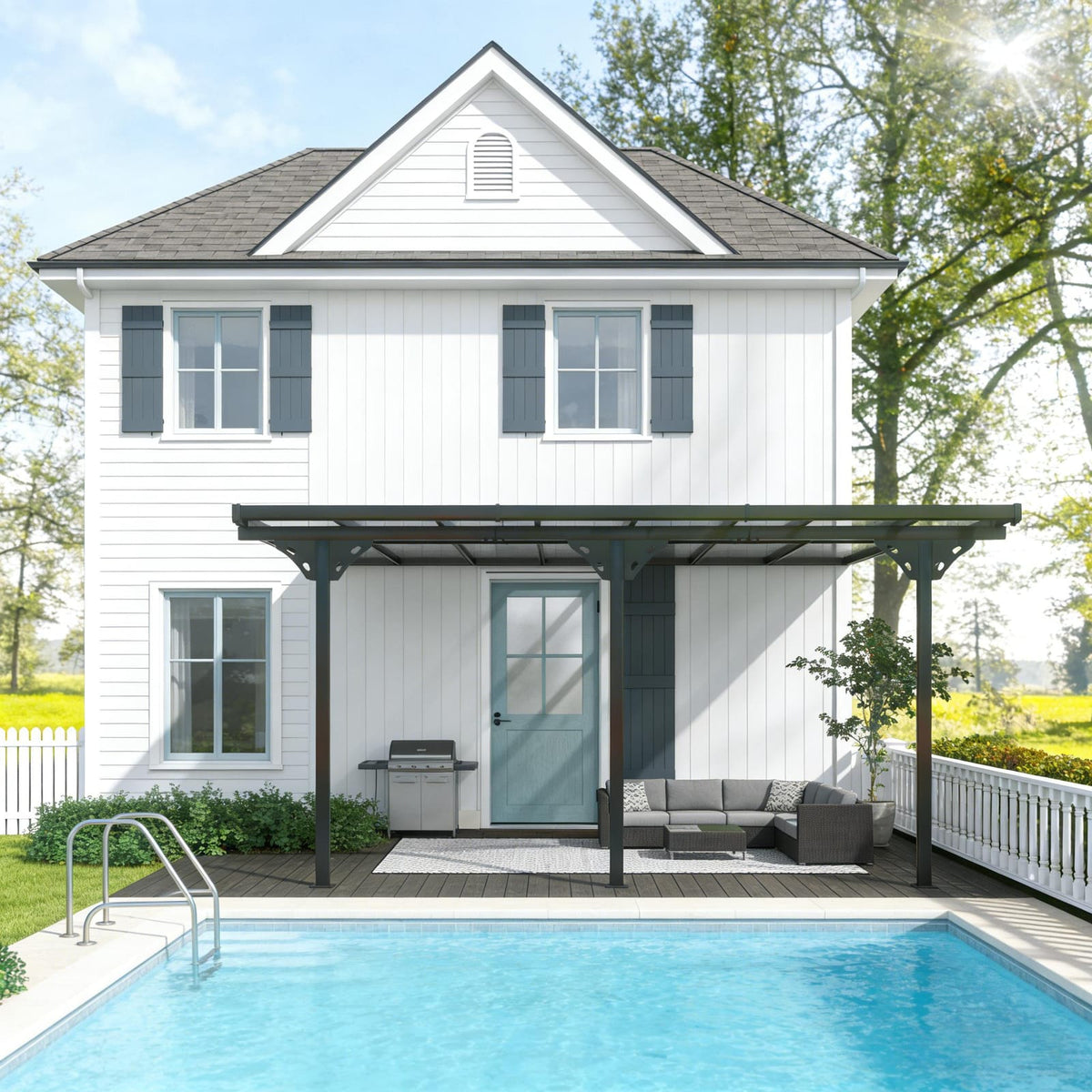 Gray Aluminum Deck Pergola - Wall Mounted Outdoor Awning