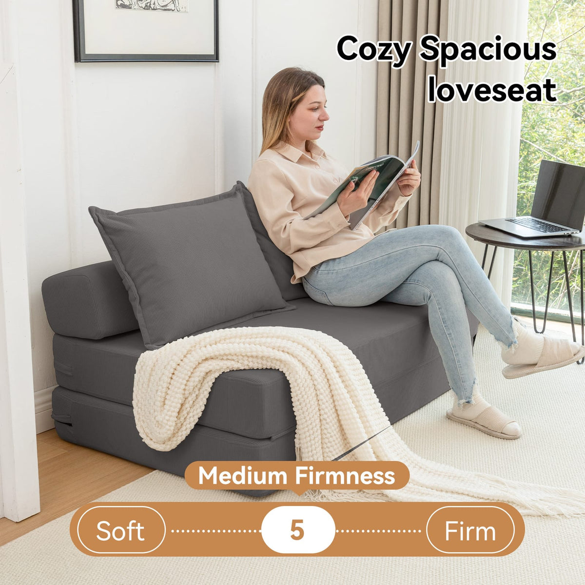 Gray Corduroy Sofa Bed - 2 Seat Convertible Couch for Living Room