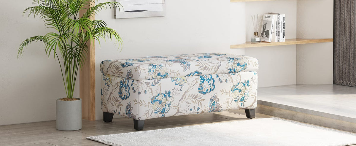 Blue Flower Polyester Storage Ottoman - 39" Living Room Footrest