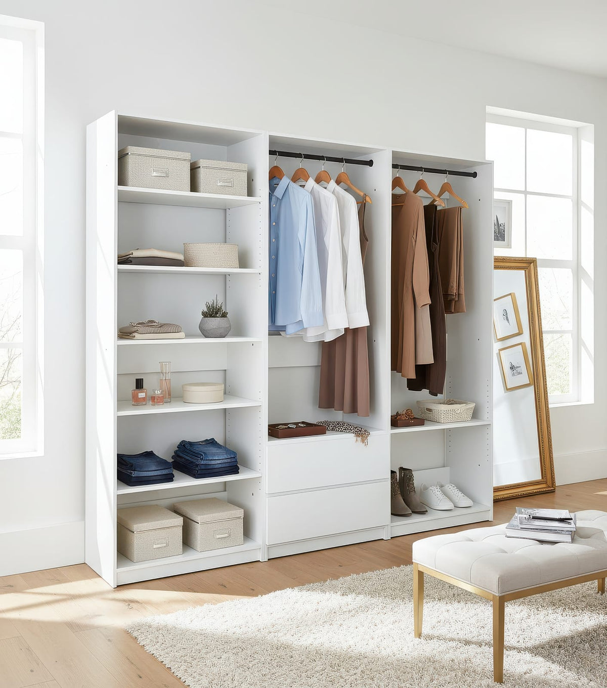 White Wood Walk-In Closet System - 5 Unit Modular