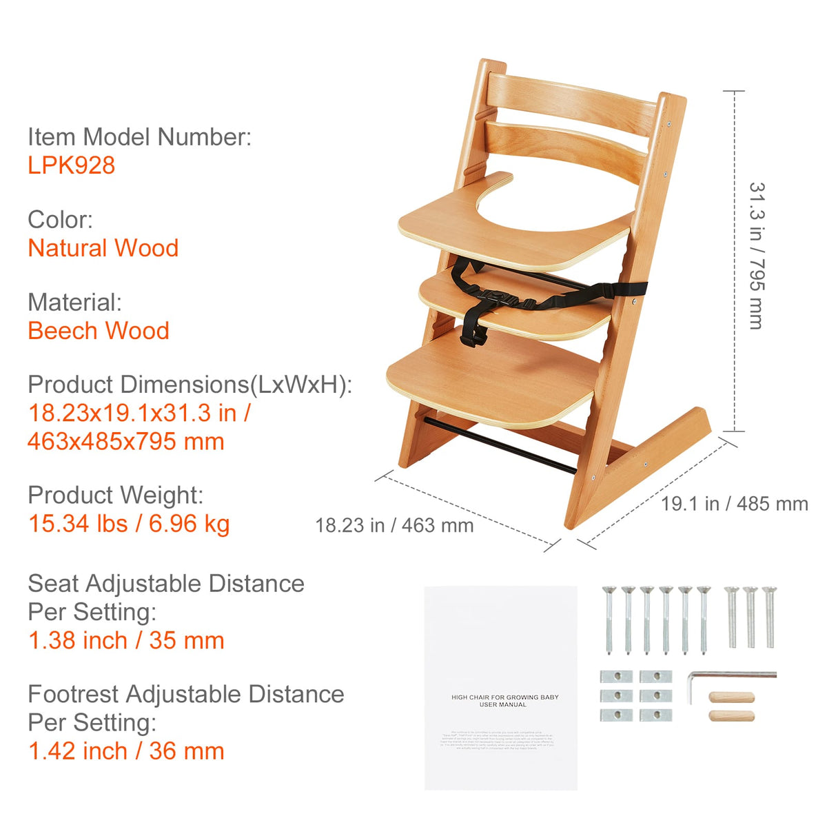 5-Level Wooden High Chair for Babies Toddlers Adjustable Dining Booster Seat