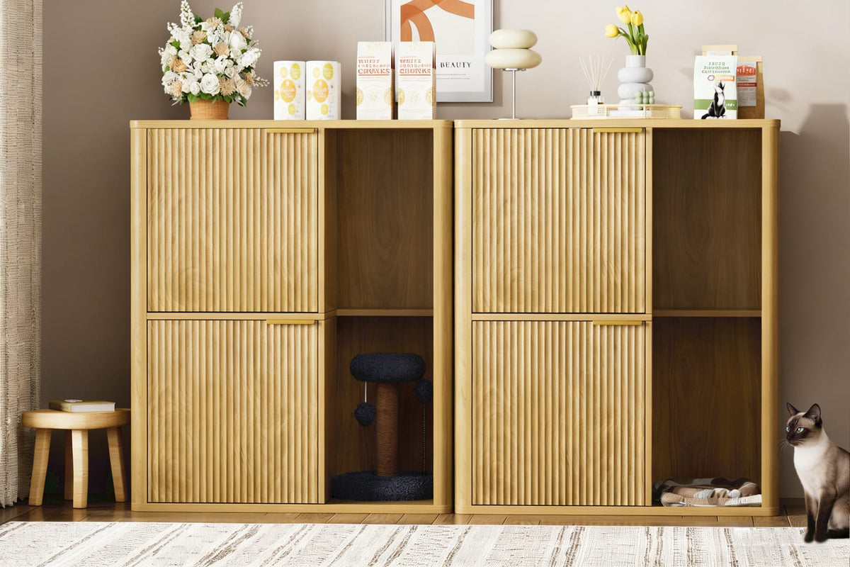 Natural Wood Cat Litter Cabinet with Storage and Dual Entry Doors