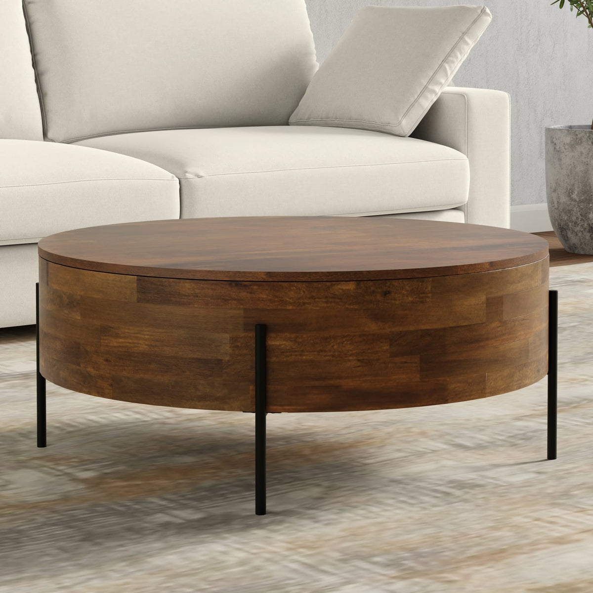 Walnut Brown Round Coffee Table with Black Metal Legs for Living Room