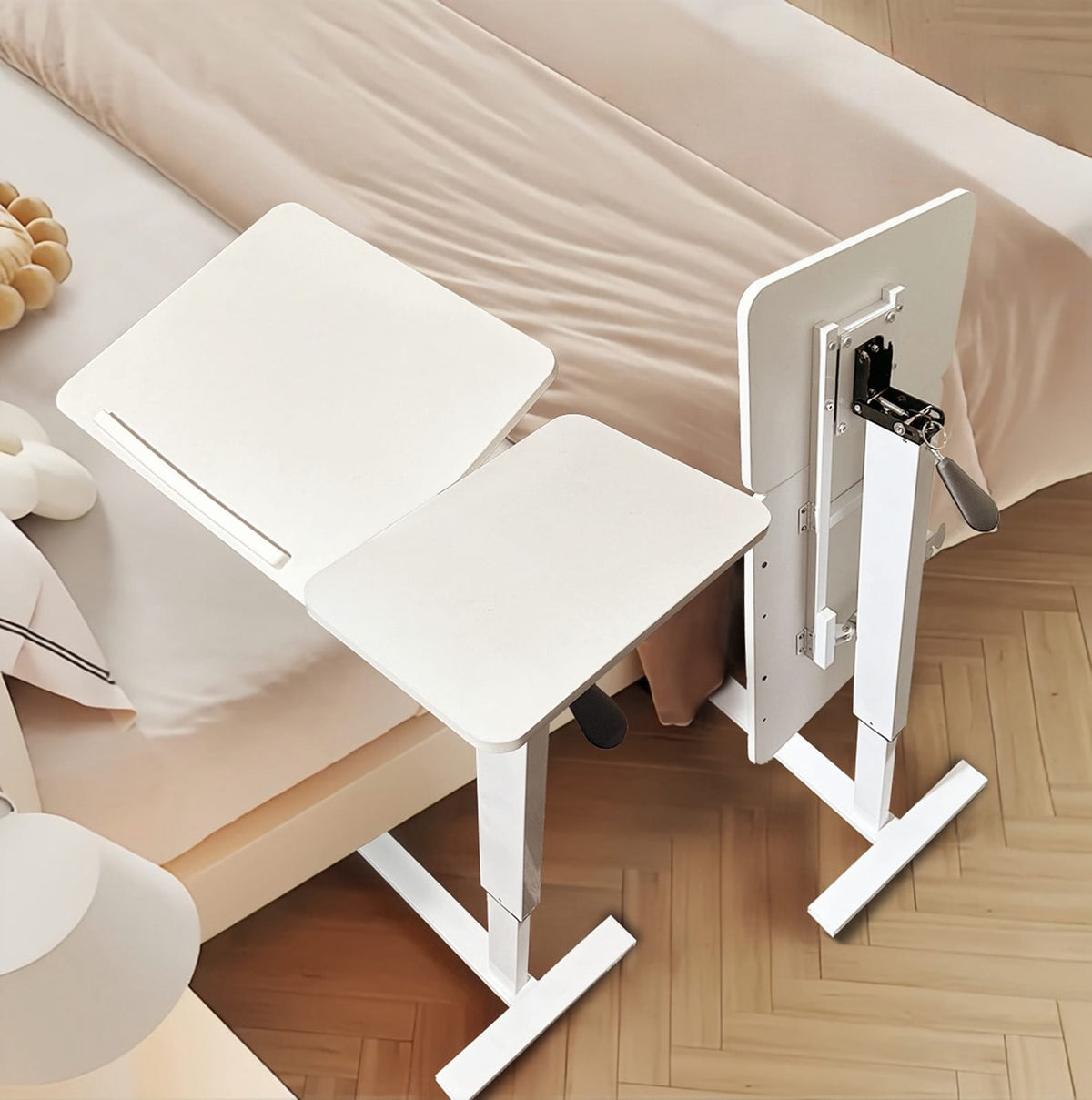 White Adjustable Bedside Table with Wheels for Living Room