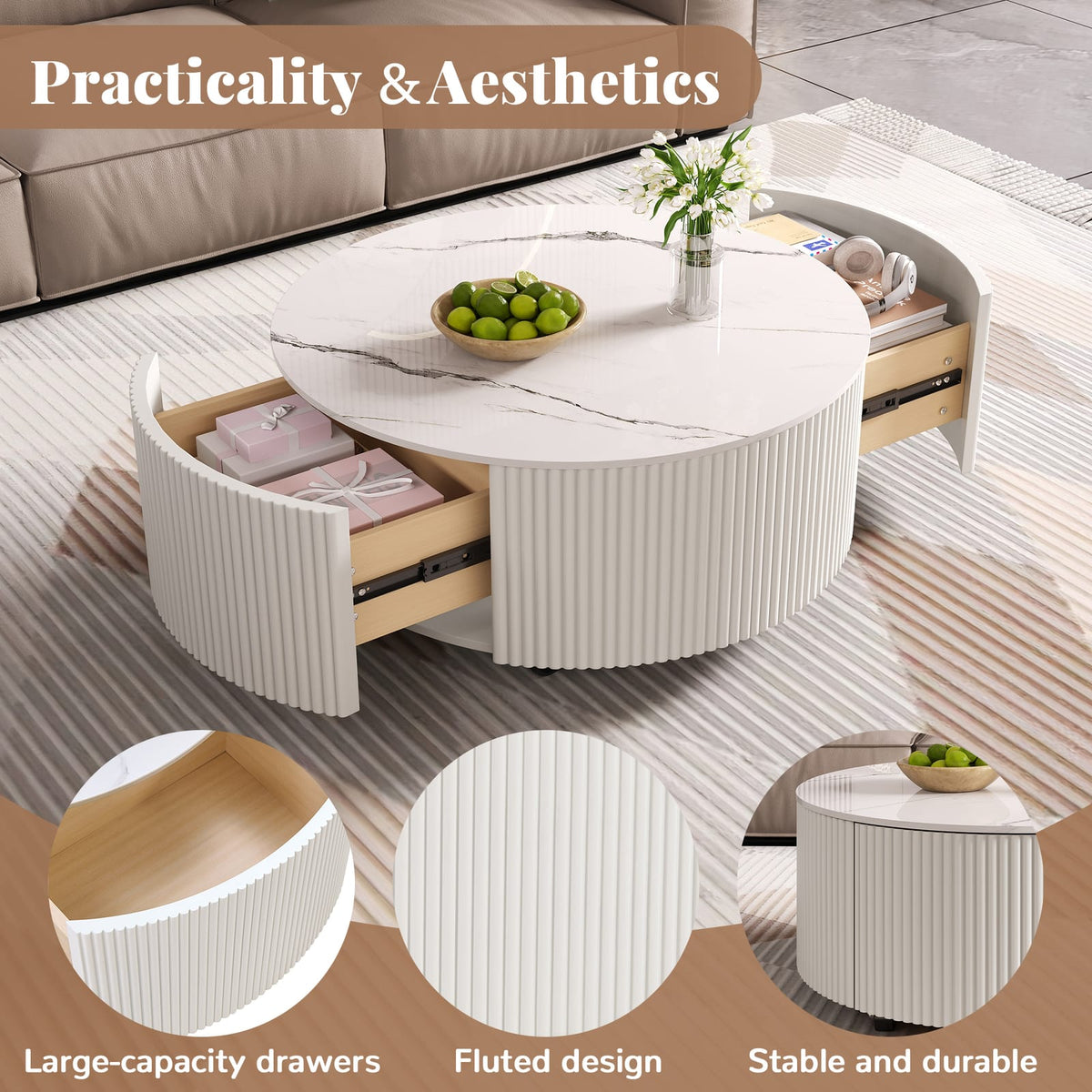White Round Coffee Table with Storage Drawers